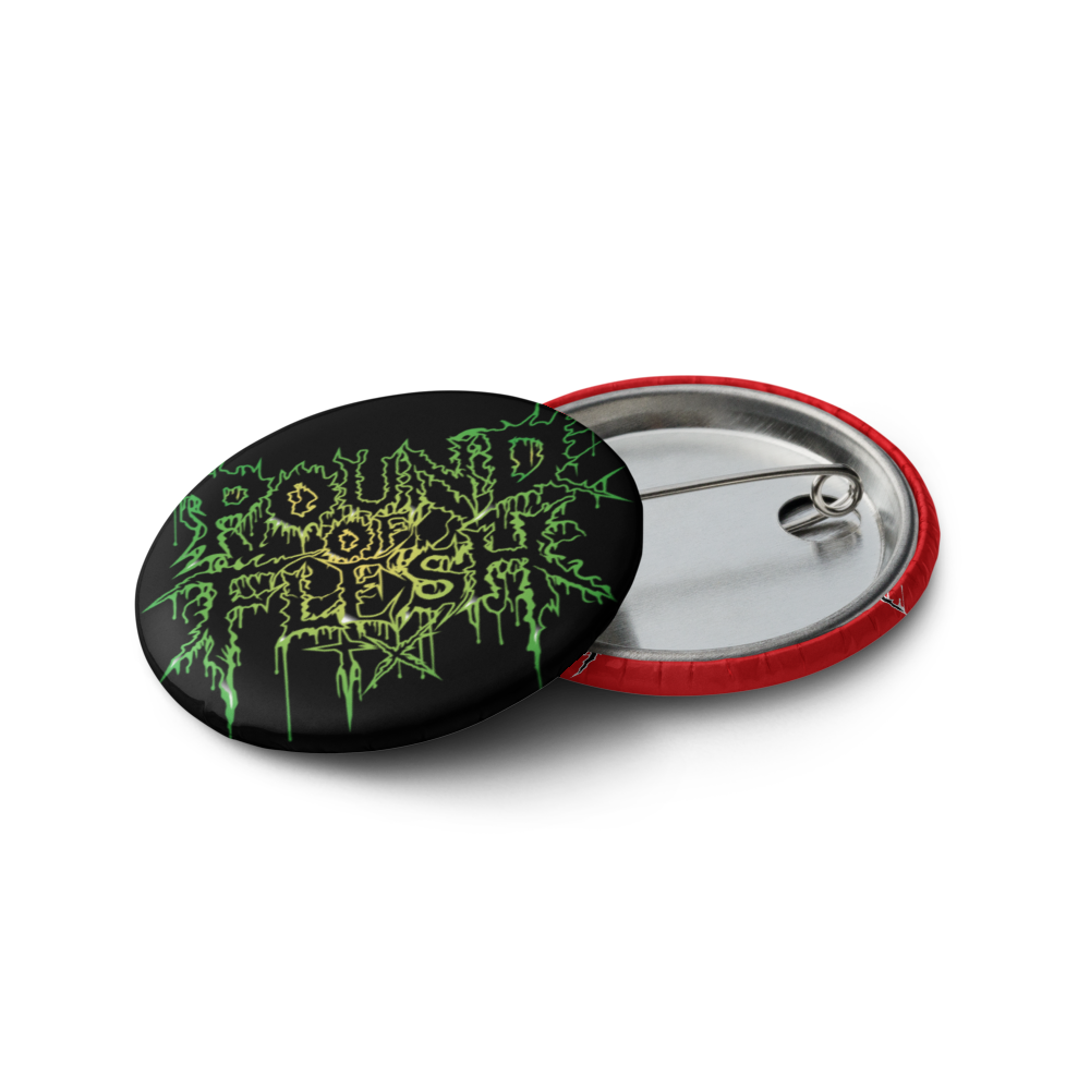 Front and back of a pin with te new Pound Of Flesh TX logo outlined in green and yellow